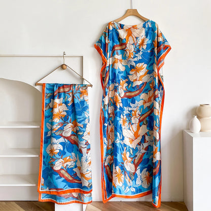 2025 New African Fashion Short Sleeve Colored Pattern Dubai Women Summer Real Silk Soft Printing Loose Tradition Muslim Dress