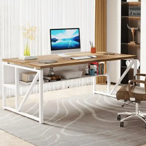 63 inches Computer Desk with Bottom Storage Shelf Home Office Desk Writing Table for Workstation,Dark Walnut + Steel