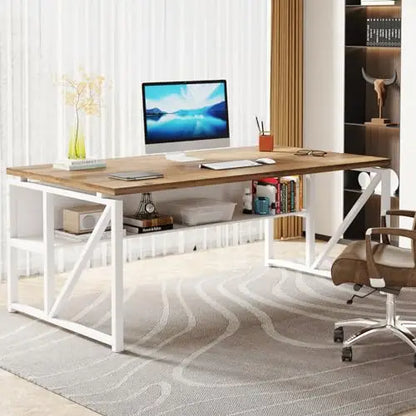 63 inches Computer Desk with Bottom Storage Shelf Home Office Desk Writing Table for Workstation,Dark Walnut + Steel
