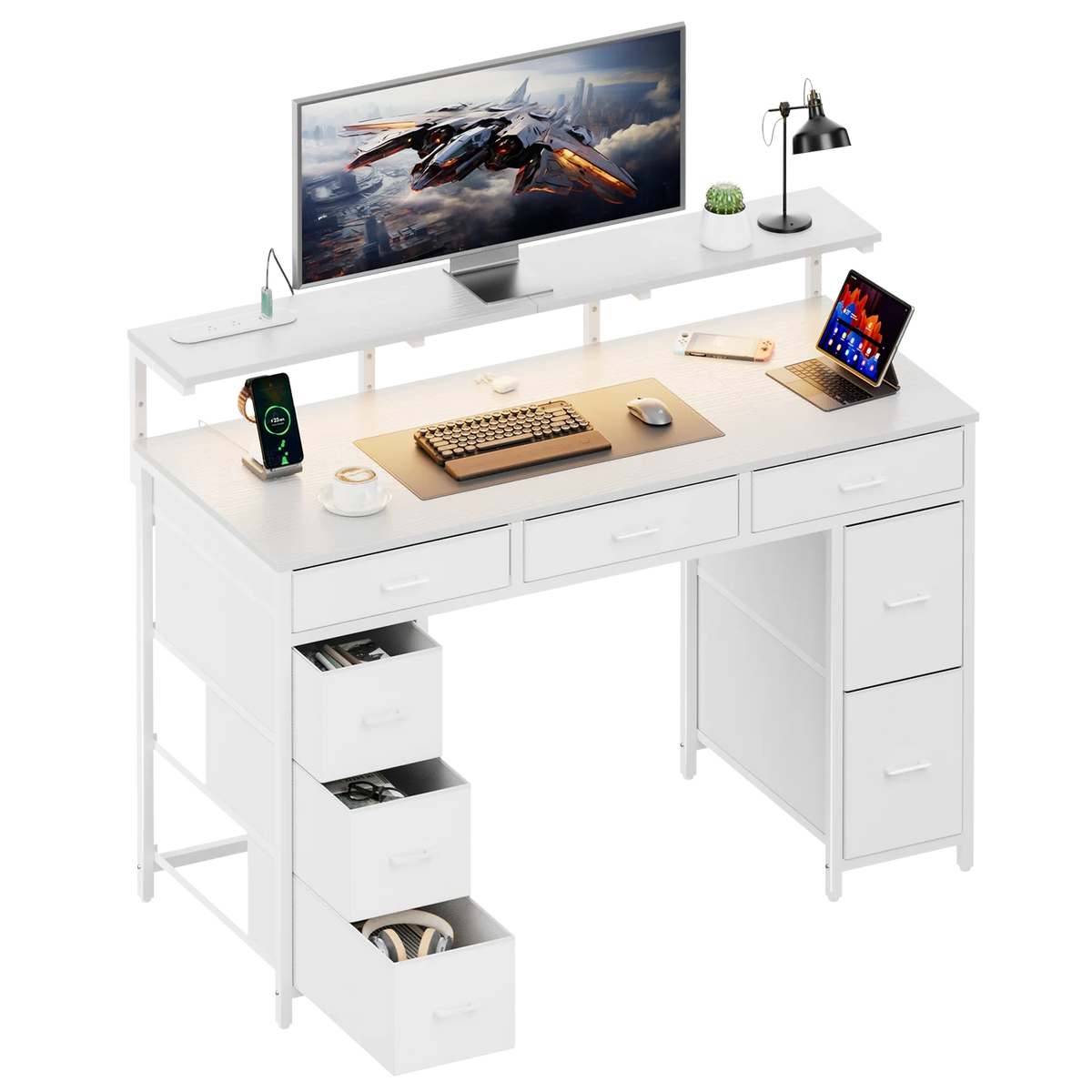 47Inch Computer Desk with Storage Drawers, Gaming Desk with LED Lighting and USB Ports, Home Office Desk with Monitor Stand, Suitable for Studies, Available in 4 Colours