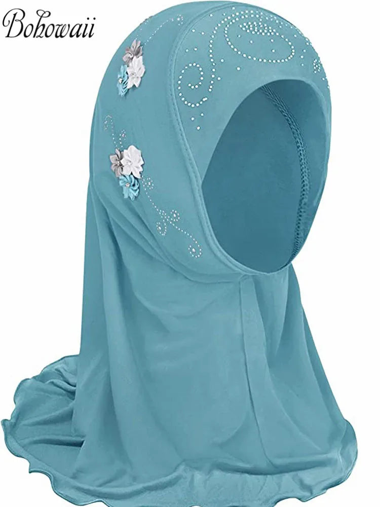 BOHOWAII Kids Girls Muslim Instant Hijab Ready To Wear Islamic Shawls Turban with Flowers Scarfs Jersey Head Wrap (2-7 Y)