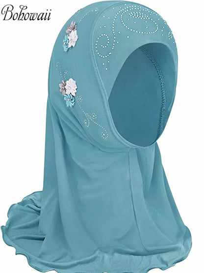 BOHOWAII Kids Girls Muslim Instant Hijab Ready To Wear Islamic Shawls Turban with Flowers Scarfs Jersey Head Wrap (2-7 Y)