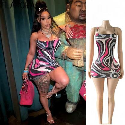 FLARORA Sexy Stripe Print Halter Mini Dress Woman Sleeveless Backless Bodycon Dresses Female Party Clubwear Vestidos Summer New