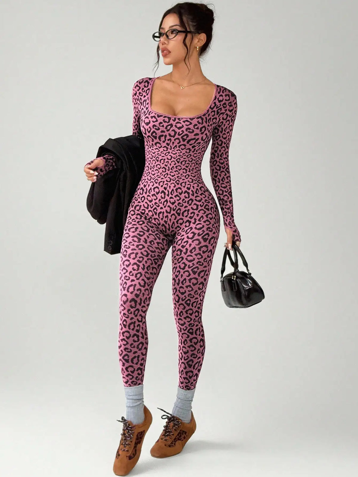 Women Leopard Print Tight Jumpsuit Slimming Hip Hugging Long Sleeve U Collar Stretchy