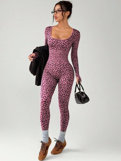 Women Leopard Print Tight Jumpsuit Slimming Hip Hugging Long Sleeve U Collar Stretchy