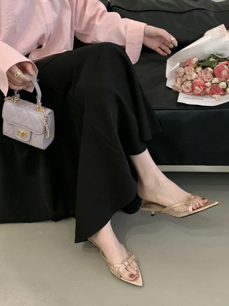 Luxury Rhinestone Mesh Kitten Heel Slippers Women Summer Sexy Pointed Toe Backless Slide Sandals Fashion Brand Designer Shoes
