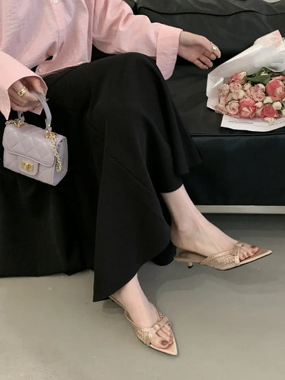 Luxury Rhinestone Mesh Kitten Heel Slippers Women Summer Sexy Pointed Toe Backless Slide Sandals Fashion Brand Designer Shoes