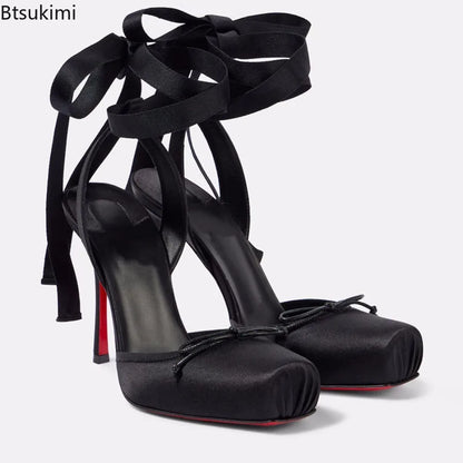 New 2026 Summer Women's Nude Satin Lace-Up Bow Heel Closed Square Toe Sandals Ballet Shoes Luxury Dress Slingback Ladies Pumps