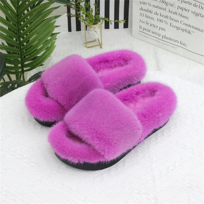 2026 Women Real Mink Fur Slippers Indoor Outdoor Luxury Shoes For Women Comfort Platform Fluffy Slipper Slides For Woman Summer