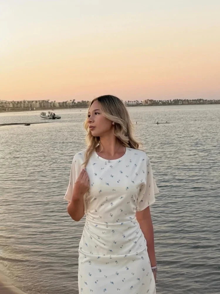 Tossy Floral Print Midi Dress Ruched Dress Round Neck Short Sleeve Fitted Waist Small Flower Print Bodycon Party Clubwear Dress
