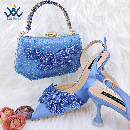 Pointed Toe High Quality in Silver Color Novelty Style Italian Design Shoes Matching Bag Set with Appliques for Wedding