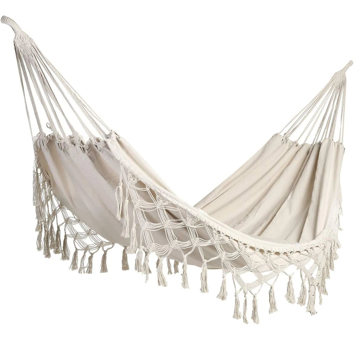 Macrame Fringe Hammock Boho Balcony Hammock Handmade Tassels Hammock 2 Person Double Hammock for Home Outdoor Backyard Beach