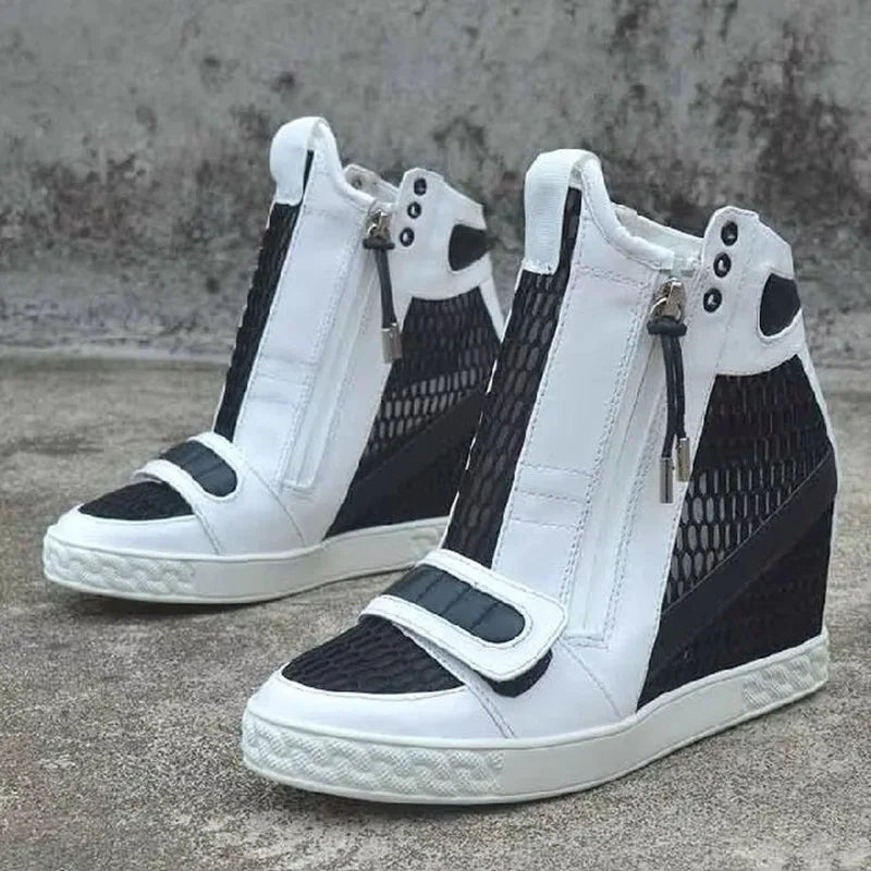Mesh Net Height Increasing Ankle Boot 8CM Round Toe Hook Loop Leisure Shoes Zipper Rubber Sole Wedge Shoes Black White