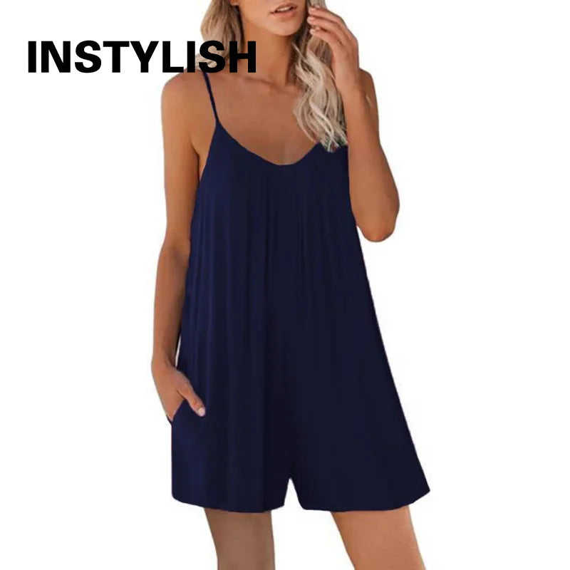 Women Summer Solid Strap Rompers Loose V Neck Casual Shorts Jumpsuits with Pockets Holiday Beach Home Sleeveless Playsuits