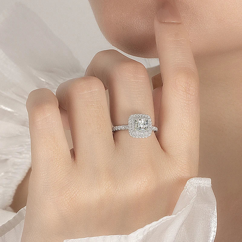 PERFANY 1CT Princess Square Cut Moissanite Ring Women S925 Pure Silver Laboratory Diamond Wedding Fashion Luxury Jewelry