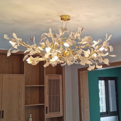 Modern Ceramics White Long Ginkgo Leaf LED Pendant Light Decoration Villa Living Room Ceiling Chandelier Indoor Hanging Lights
