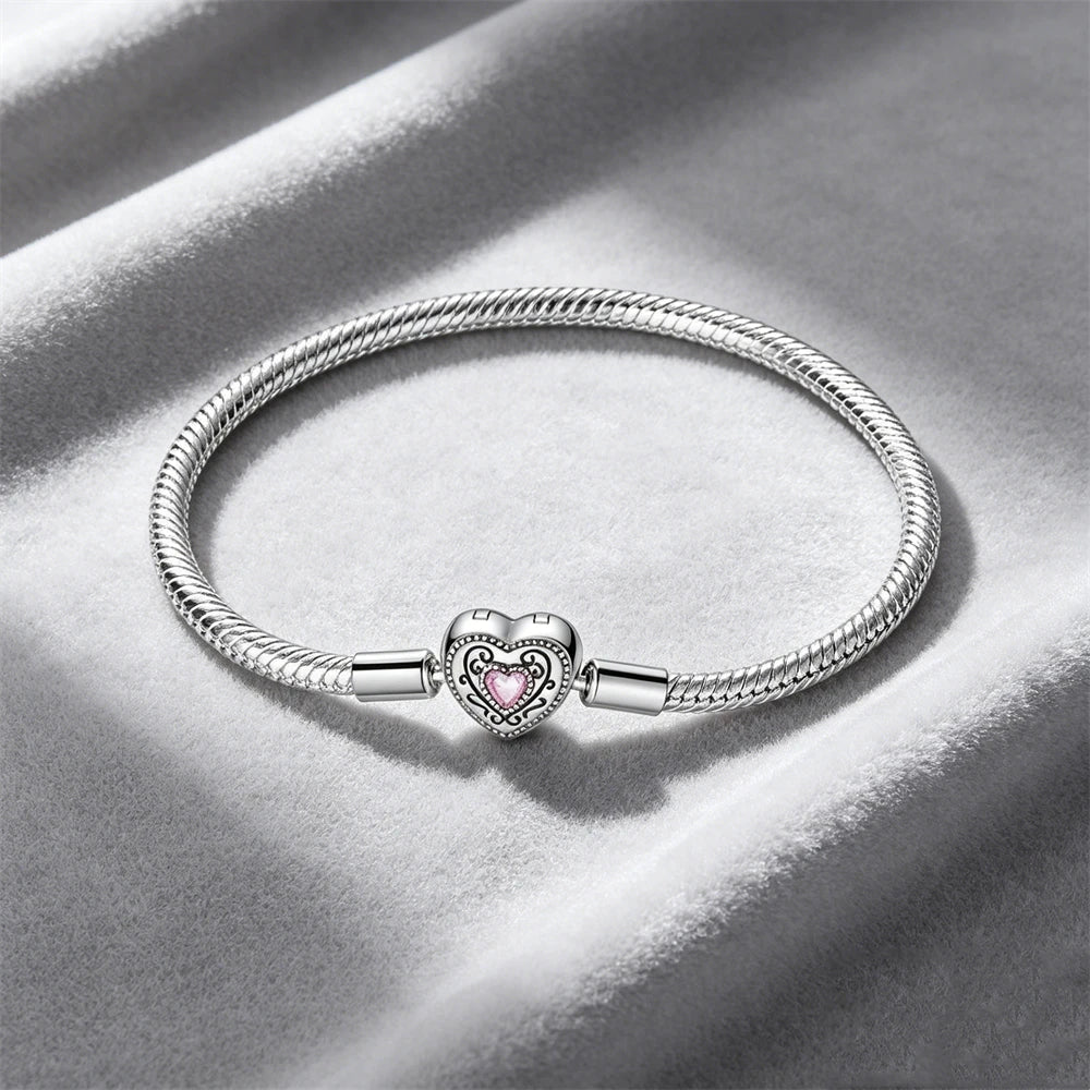 2026 Hot Selling 925 Silver Heart Shaped Buckle Snake Chain Sparkling Zircon Original Bracelet Women Fashionable Luxury Jewelry