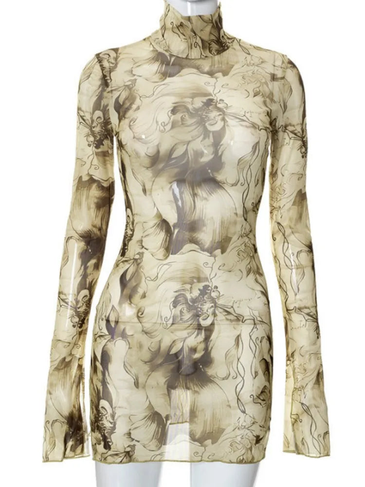 Flare Sleeve Color Printing Bodycon Dress Mini Women Clothing Turtleneck Sexy Streetwear High Waist Fashion One-Pieces Outfits