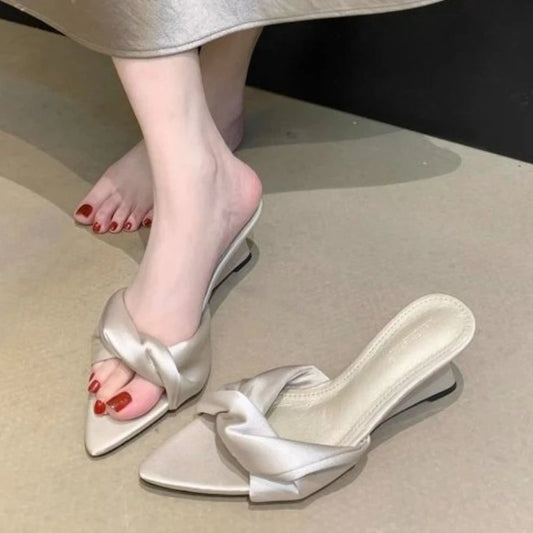 Pointed Toe Women Slippers Wedges Mid Heels Shoes Designer Elegant Pumps Summer 2026 New Sandals Fashion Slides Flip Flops Lady