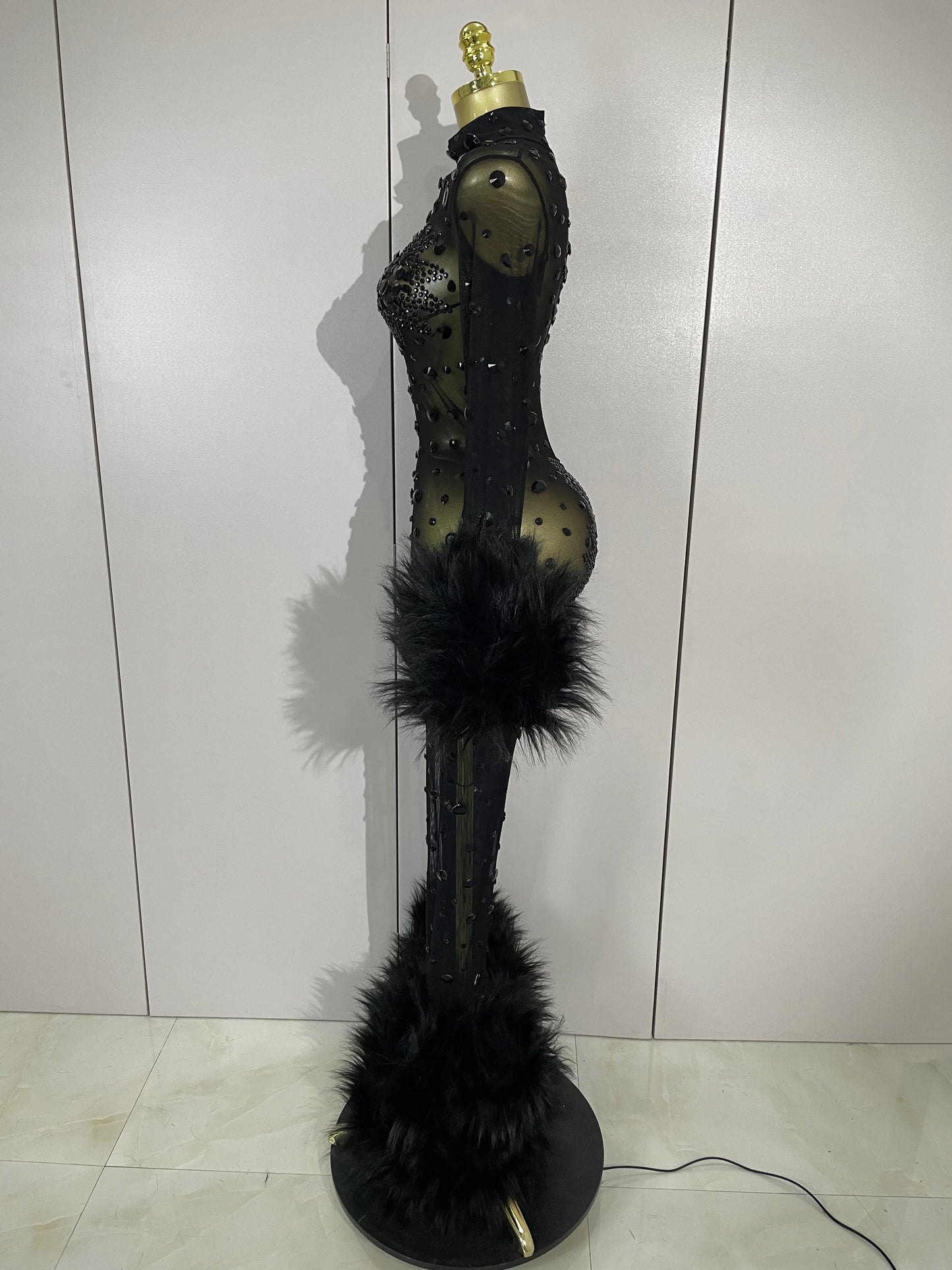 STOCK Luxury Diamond Black Mesh Transparent Stretchy Long Sleeve Jumpsuit Women Sexy Performance Singer Costume Nightclub Outfit
