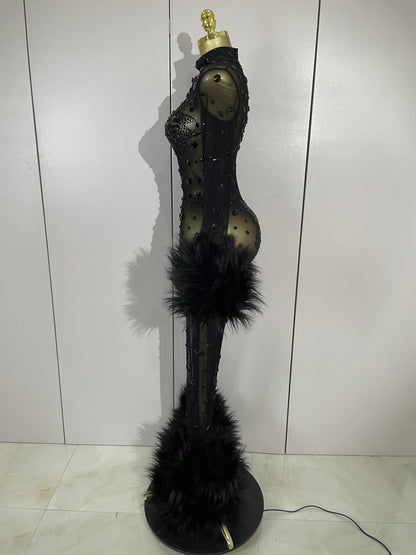 STOCK Luxury Diamond Black Mesh Transparent Stretchy Long Sleeve Jumpsuit Women Sexy Performance Singer Costume Nightclub Outfit