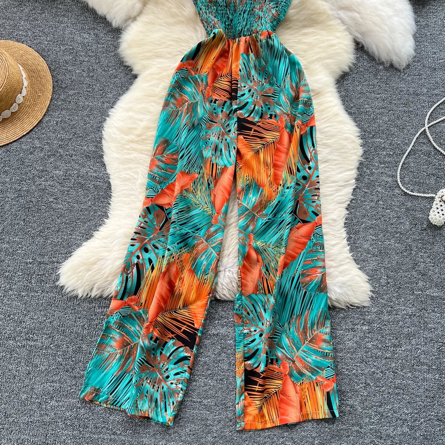 2024 New Summer Sexy Bohemian Leaf Print Jumpsuits Women Sleeveless Sexy Long Jumpsuit Mujer Casual Holiday Beach Rompers