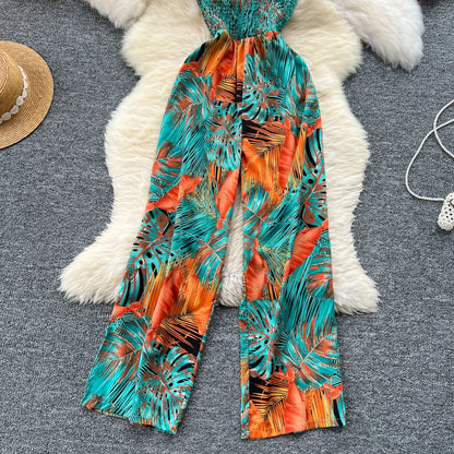 2024 New Summer Sexy Bohemian Leaf Print Jumpsuits Women Sleeveless Sexy Long Jumpsuit Mujer Casual Holiday Beach Rompers