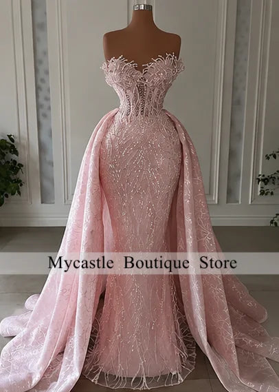 Luxurious Mermaid Wedding Dresses 2026 Bride Strapless Heavy Beaded Lace 2 In 1 Detachable Overskirts Bridal Gown Customized