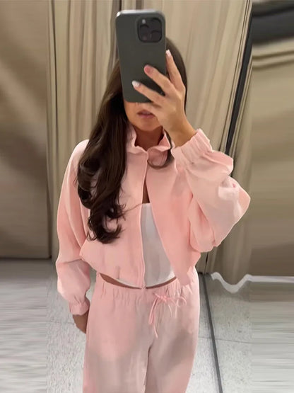 Stand Collar Thin Cropped Coats Pants Suits Women Street Lantern Long Sleeve Zipper Loose Tops Drawstring Wide Leg Trousers Sets