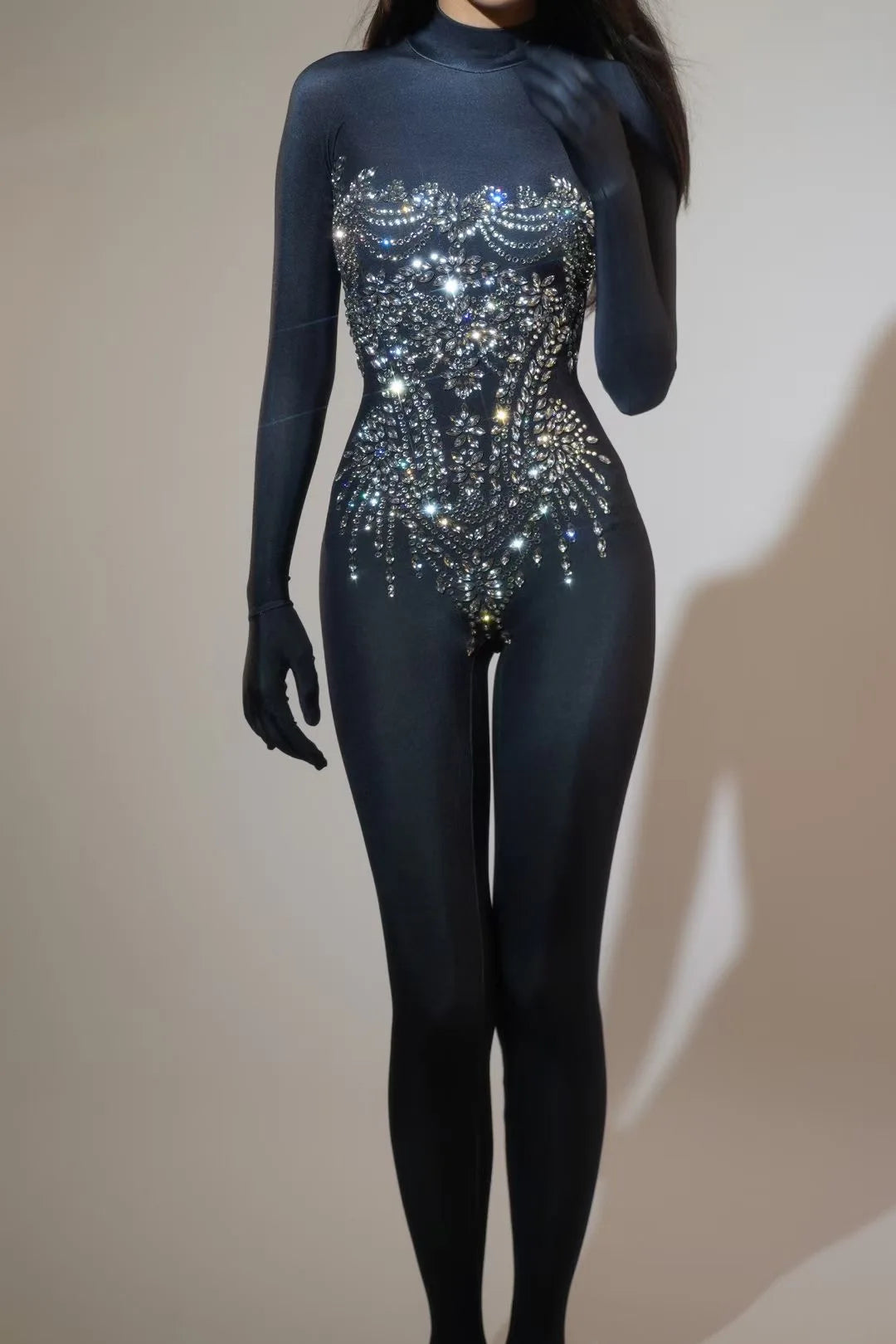 STOCK Sparkling Rhinestone Stretch Jumpsuit Women Sexy Club Evening Party Wear Drag Queen Singer Dancer Stage Perform Costume