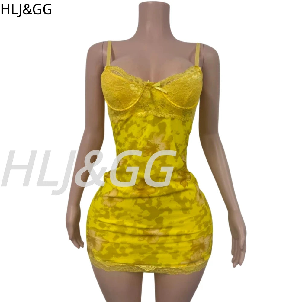 HLJ&GG Sexy Leopard Print Lace Spaghetti Strap Bodycon Mini Dresses Women Sleeveless Backless Slim Vestidos Summer New Clothing