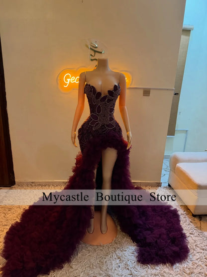 Luxury Pearl Beaded Deep Purple Spaghetti Strap Diamond Prom Dresses High Slit Ruffle Tulle Train Evening Gown Customized