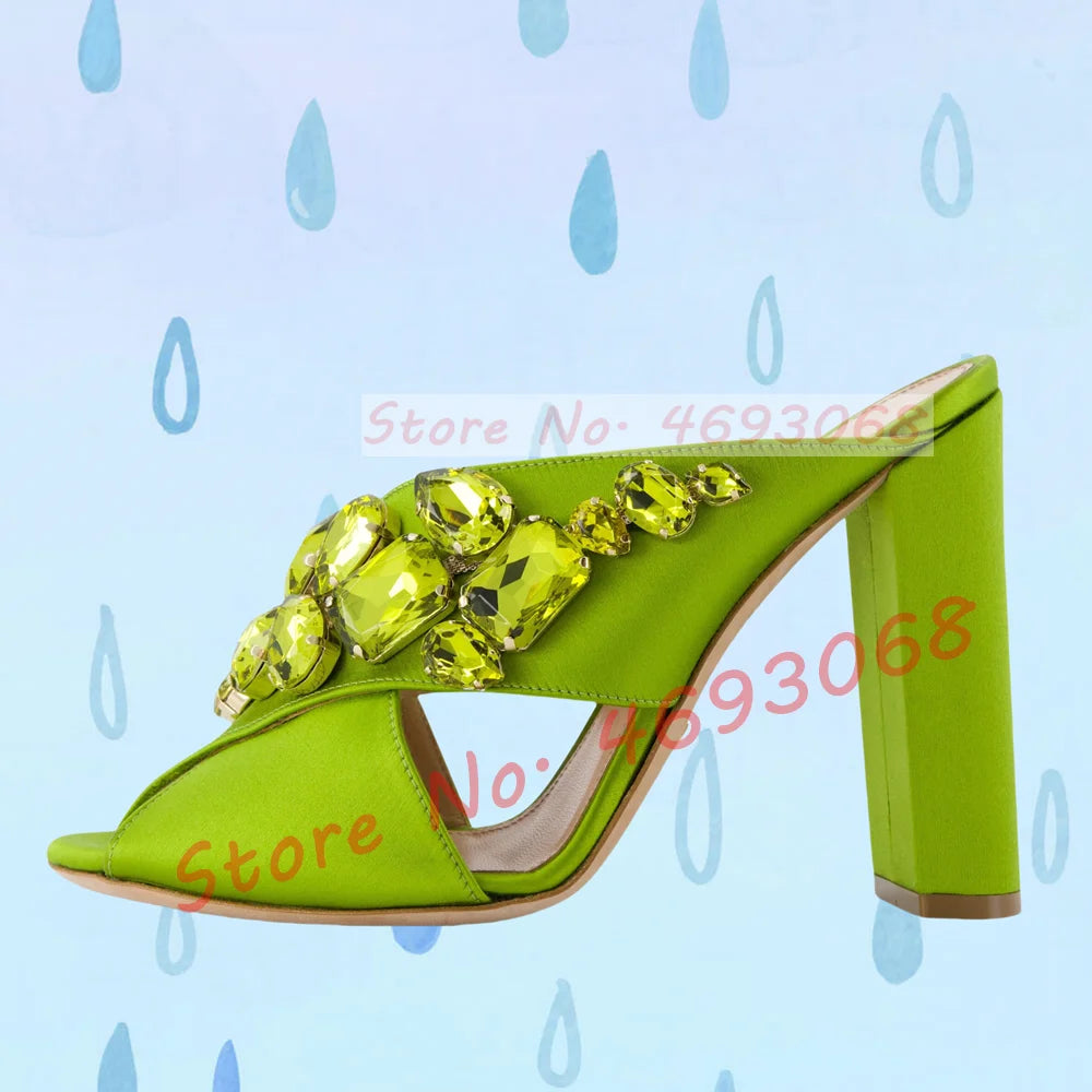 Gems Silk Chunky High Heels Slippers Women Luxury Cross Strap Rhinestone Mules Ladies Stylish Summer Bling Open Toe Party Shoes