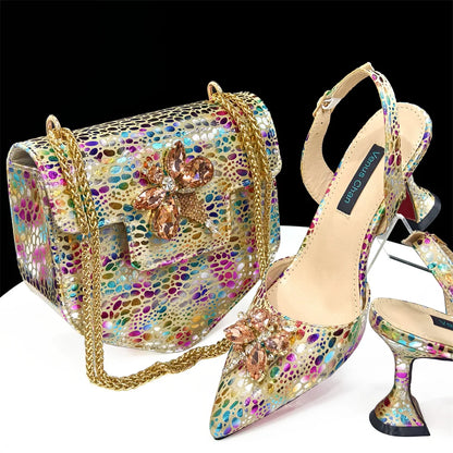 2026 Gold Color Thin Heels Pointed Toe Crystal Design Ladies Shoes Matching Bag Set For Women Weeding Party Pump