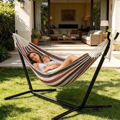 Camping 2-Person Hammock 600LBS, Portable Steel Stand Set For Outdoor Lawn Terrace, Blue & Black Stripe