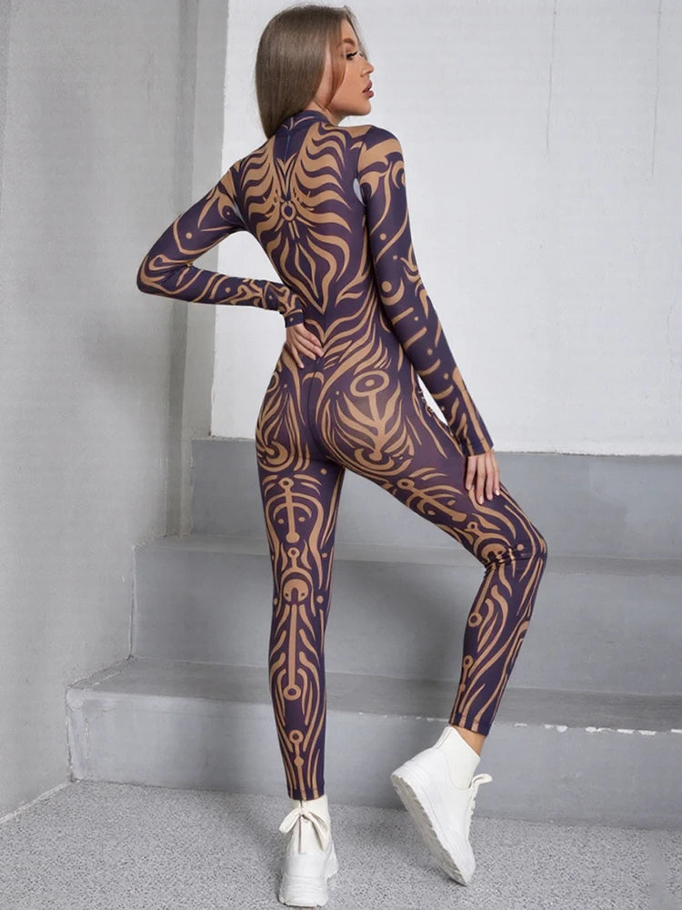 Sisterlinda Sexy Fashion Print Jumpsuits Woman Turtleneck Full Sleeve See Through Skinny Peach Hip Street Wild Style Overalls