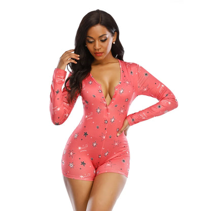 Womens Playsuit Sexy Pajama with Butt Flap Valentines Day Overalls Jumpsuit  Long Sleeve V Neck Women Bodycon Romper Sleepwear