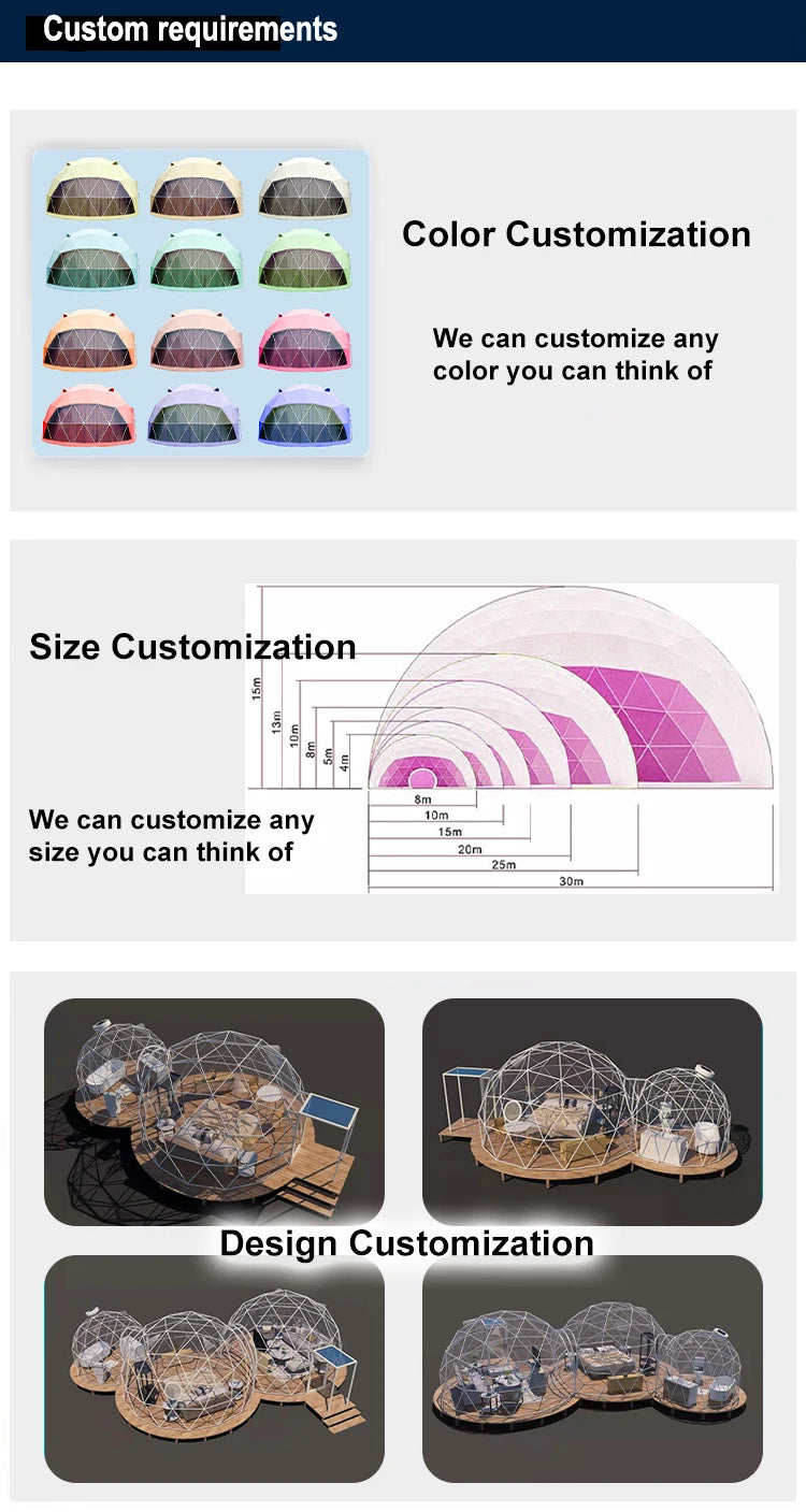 Customize Style Outdoor Glamping Luxury Hotel Tent Multi Color PVC Material Waterproof Geodesic Dome Tent for Family Camping