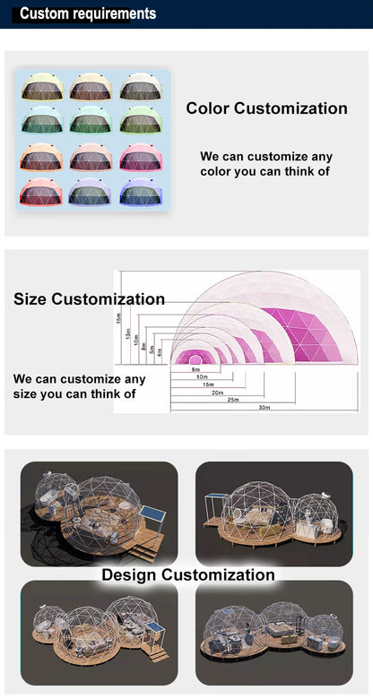 Customize Style Outdoor Glamping Luxury Hotel Tent Multi Color PVC Material Waterproof Geodesic Dome Tent for Family Camping