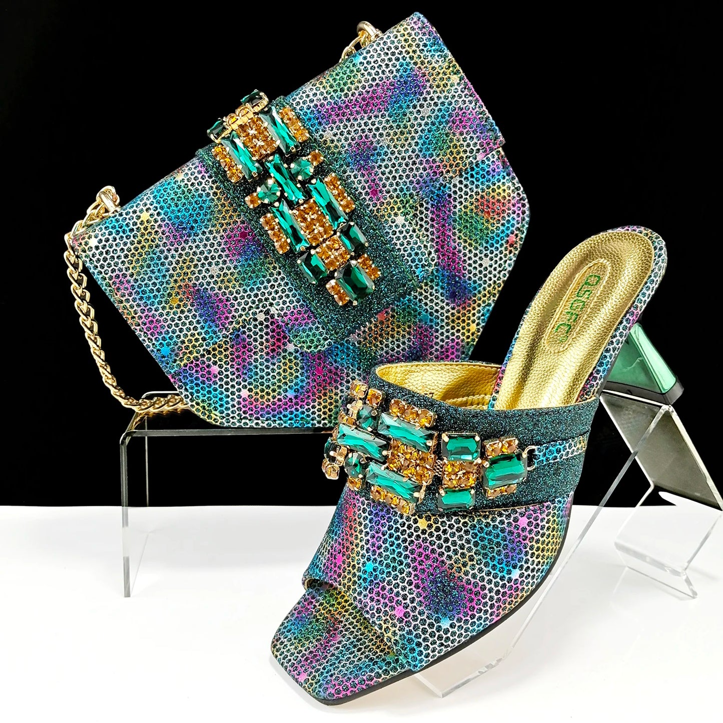 New Arrival Mature Style Colorful Rhinestone Metal Design Strange High Heel Style Peep Toe Shoes and Bag Set for Party Wedding