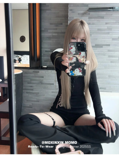 Pure Desire American Long Sleeved T-shirt Jumpsuit Slim Fit Letter Spicy Girl Sexy Sports Fitness Yoga Cycling Jumpsuit Shorts