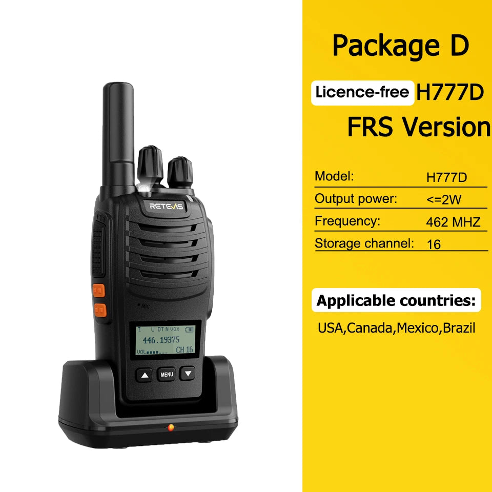 Retevis H777D (H777Upgraded) Walkie Talkie PMR/FRS Portable License-Free LCD Display Two Way Radio Long Range Type-C for Camping
