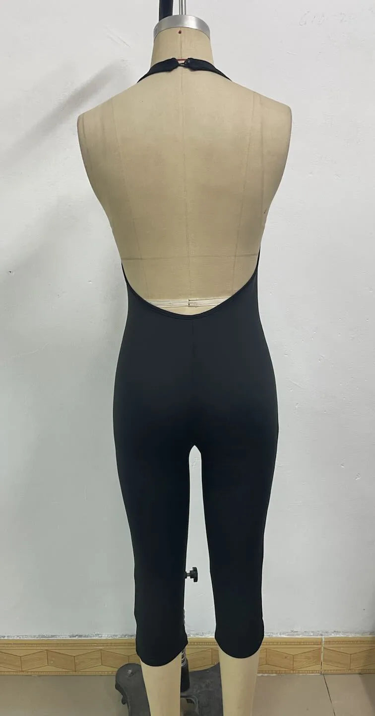 Sexy Playsuits Women Basic Solid Summer Casual Halter Low-cut Backless Stretch Skinny Rompers Female Gym Work Out One Piece New