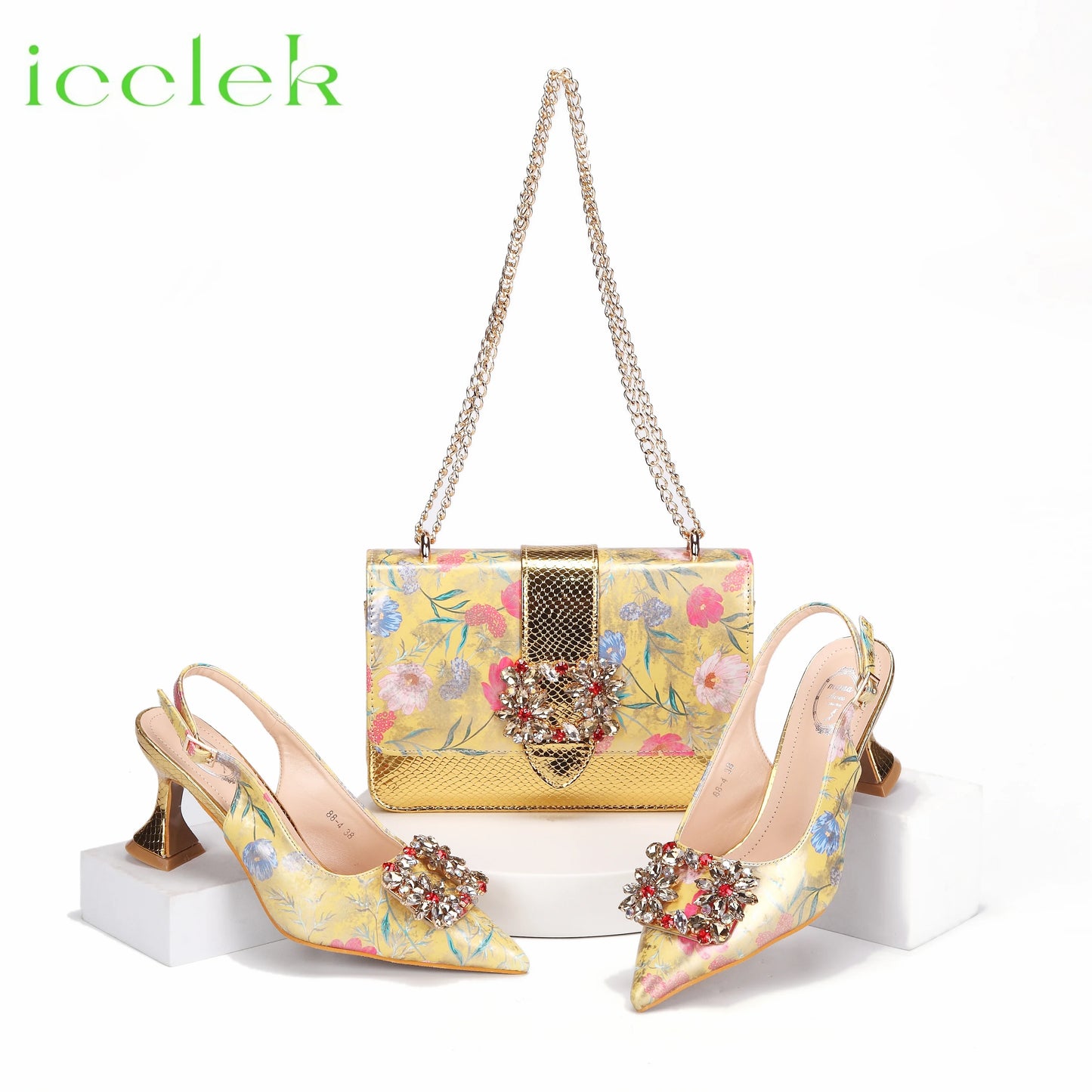 Newest Green Color Print Design High Heels Decorated with Water Rhinestone Party Women's Shoes and Bags Set