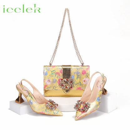 Newest Green Color Print Design High Heels Decorated with Water Rhinestone Party Women's Shoes and Bags Set