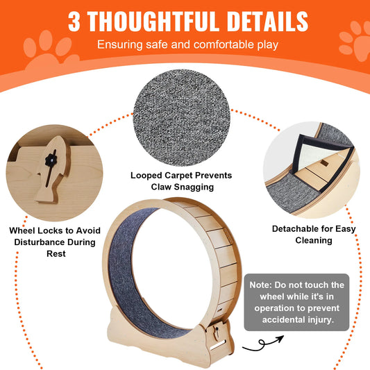 SucceBuy Wooden Cat Exercise Wheel Large Cat Treadmill Wheel for Indoor Cat Running Wheel with Detachable Carpet& Cat Teaser