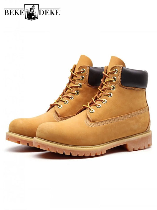 Mens New Spring Cowskin Genuine Leather Cargo Boots Lace Up Outside Non Slip Comfortable Shoes Handmade Lovers Motorcycle Boots