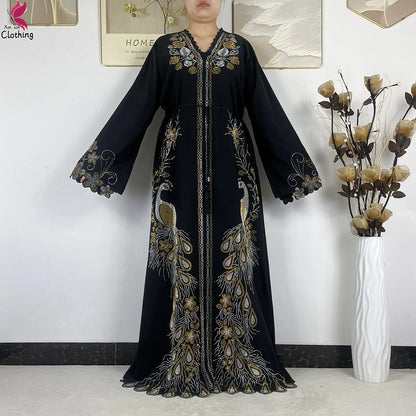 2026New Dubai Muslim Women Modest Dress Diamond Chiffon Elegant Arabic Femme Hijab African Abaya Islamic Long Sleeve Turkey Robe