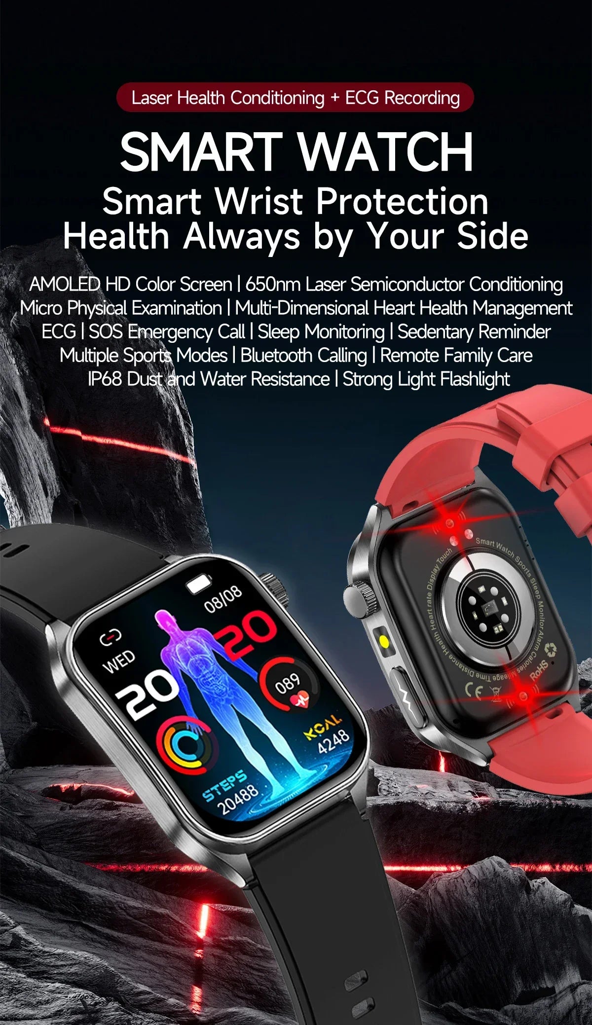 2026 New 650nm Laser Medical Grade Health Smartwatch Men ECG Blood Pressure Lipid Bluetooth Call Smart Watch For Android IOS