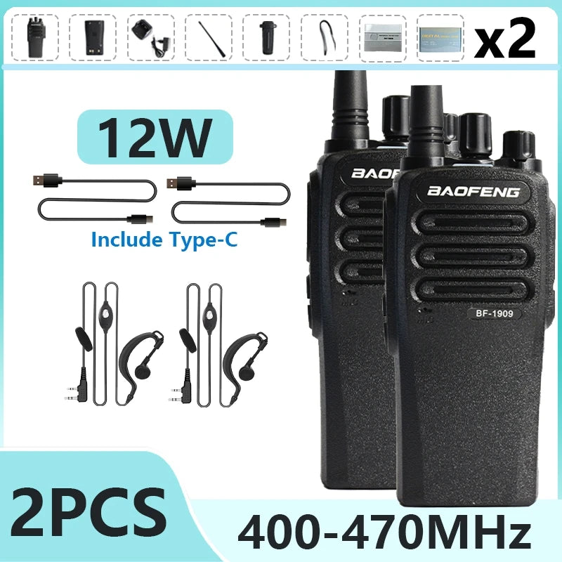 1/2PCS BaoFeng BF 1909 12W High Power Walkie Talkie Long Range UHF Two Way Radio Type C Charging Transmitter Upgrade UV 5R UV 82